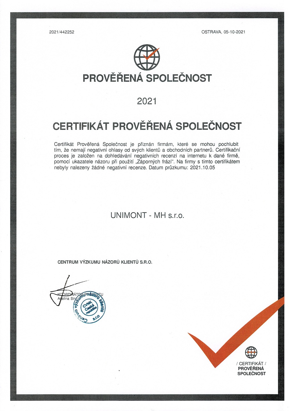 Certifikát Prověřená společnost
