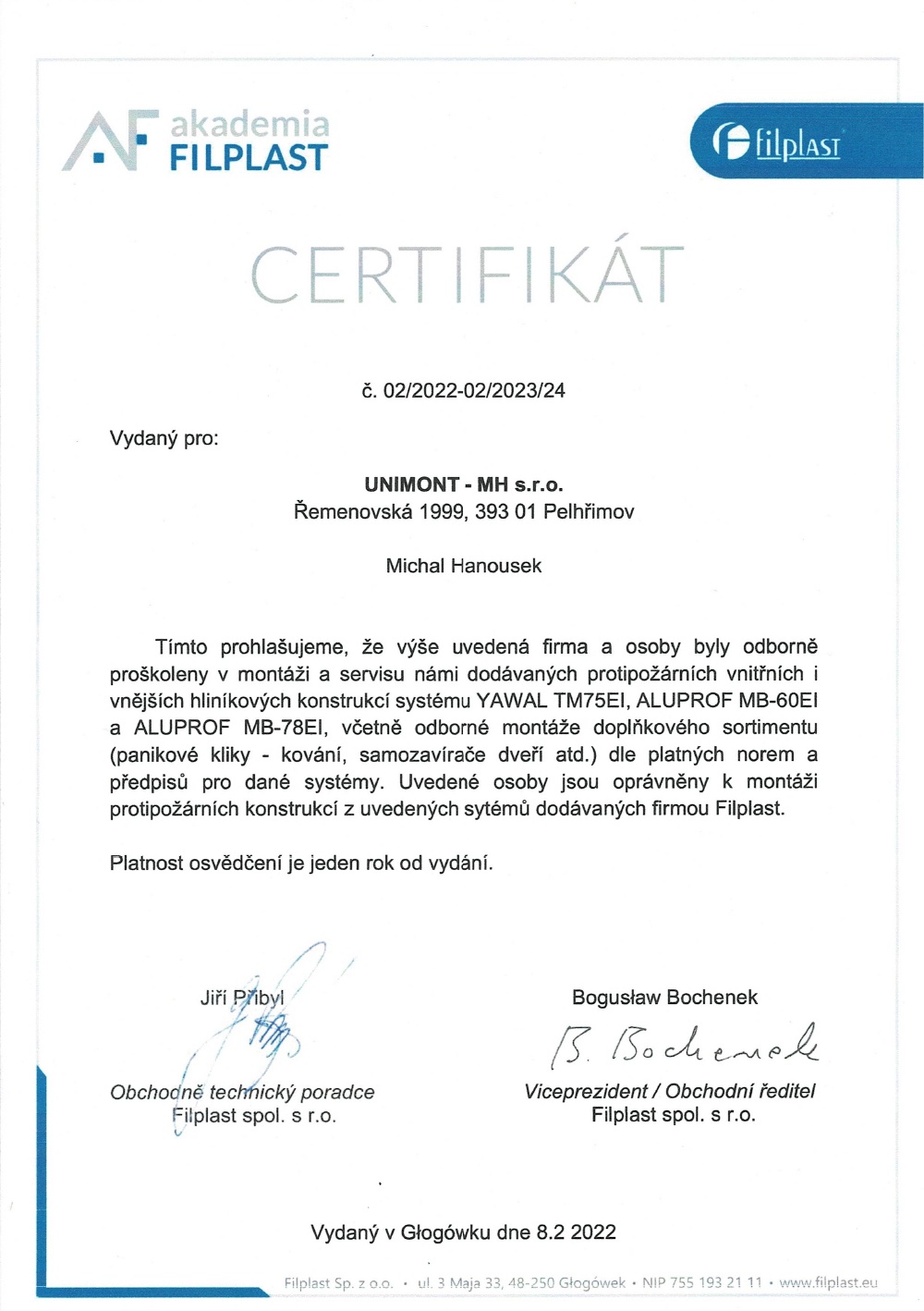 Certifikát Filplast